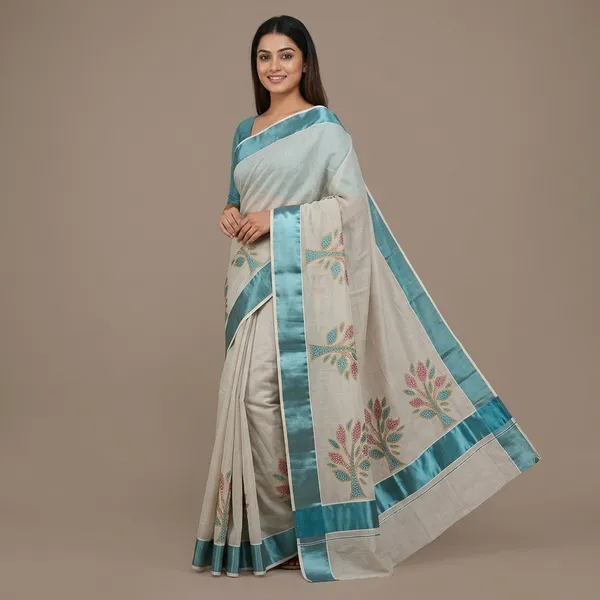 Kerala_Kasavu_Saree_With_Teal_Border_-_Off_White_Tissue_Embroidered_