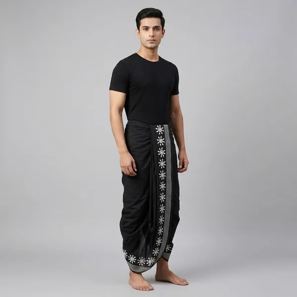 Men'S_Black_Cotton_Dhoti_With_Geometric_Border_Print