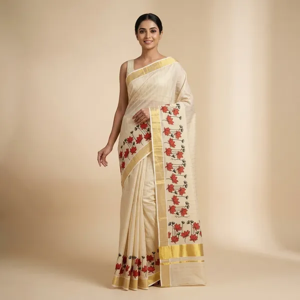 Cream_Kerala_Tissue_Cotton_Saree_With_Red_Floral_Border