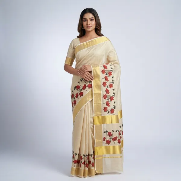 Cream_Kerala_Tissue_Cotton_Saree_With_Red_Floral_Border