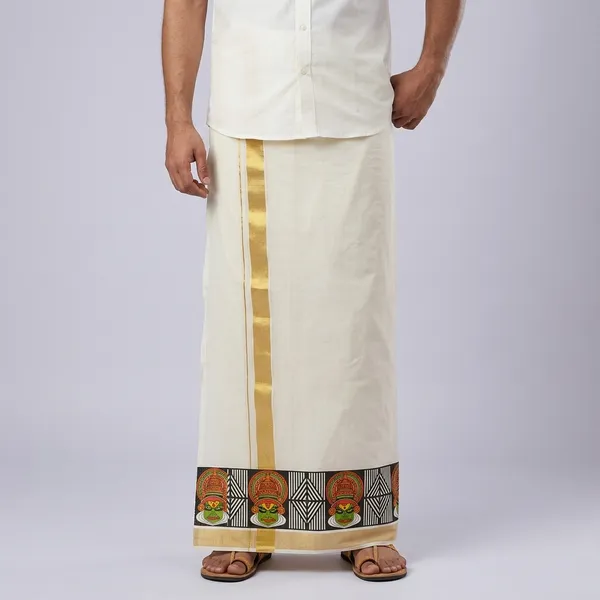 Men'S_White_Printed_Single_Mundu_/_Otta_Mundu_/_Lungi_(South_Indian_Kerala_Dhoti)_Kathakali_Print_Border