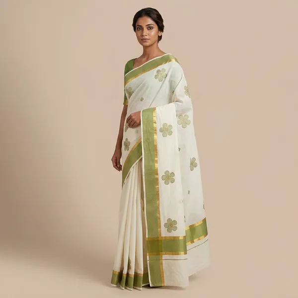 Kasavu_Saree_With_Green_Gold_Zari_Border-Off_White_And_Green_Cotton_