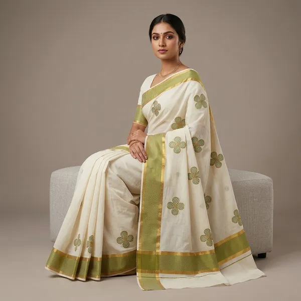 Kasavu_Saree_With_Green_Gold_Zari_Border-Off_White_And_Green_Cotton_