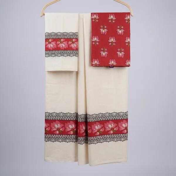 Cotton_Single_Set_Mundu_(Mundum_Neriyathum)_with_Red_Floral_Printed_(_Blouse_)_