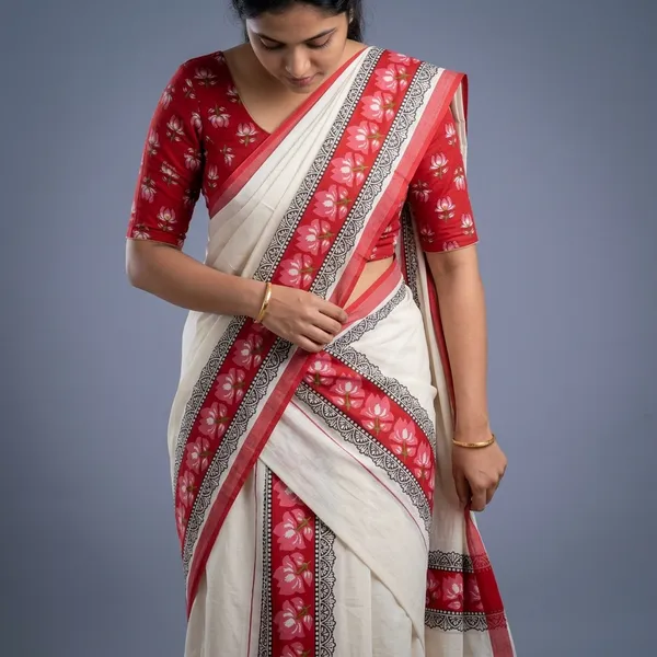 Cotton_Single_Set_Mundu_(Mundum_Neriyathum)_with_Red_Floral_Printed_(_Blouse_)_