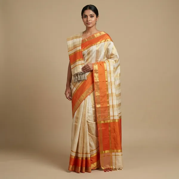 Kerala_Single_Tissue_Set_Mundu_(Mundum_Neriyathum)_Orange_And_Gold_Kerala_