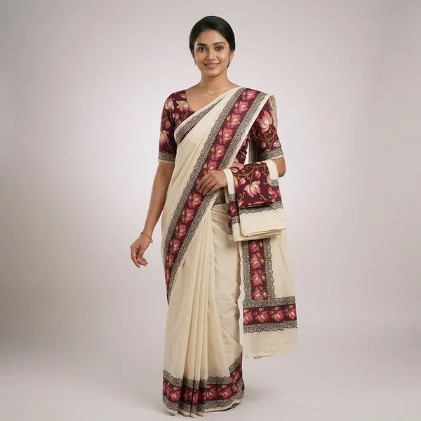 Cotton_Single_Set_Mundu_(Mundum_Neriyathum)_with_Block_Prints_for_Women_With_Blouse