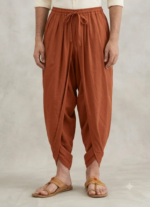 Terracotta_Cotton_Draped_Dhoti_Pants_For_Men