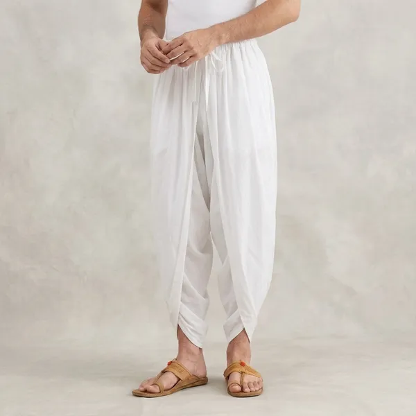 White_Cotton_Draped_Dhoti_Pants_For_Men