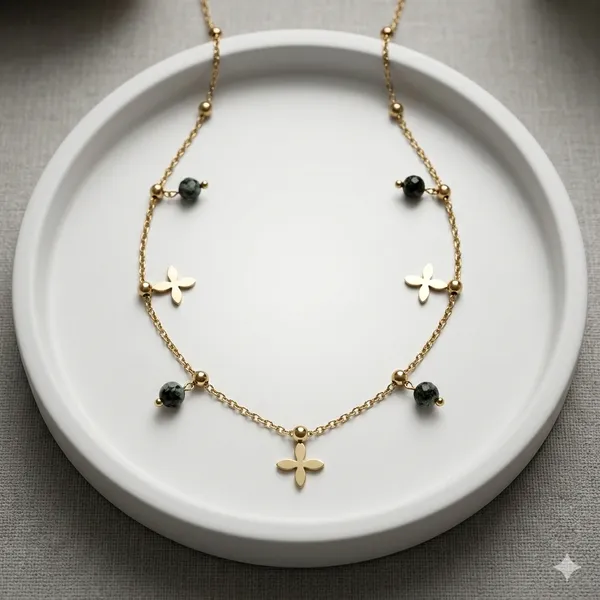 Gold_Tone_Floral_Charm_Necklace_With_Dark_Bead_Accents