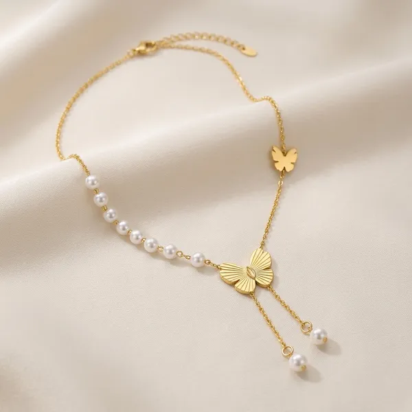 Gold_Tone_Butterfly_Pearl_Asymmetric_Chain_Necklace_For_Women