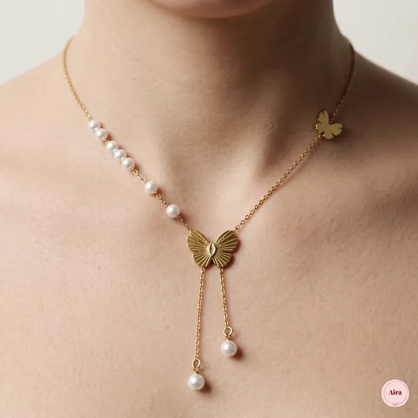 Gold_Tone_Butterfly_Pearl_Asymmetric_Chain_Necklace_For_Women
