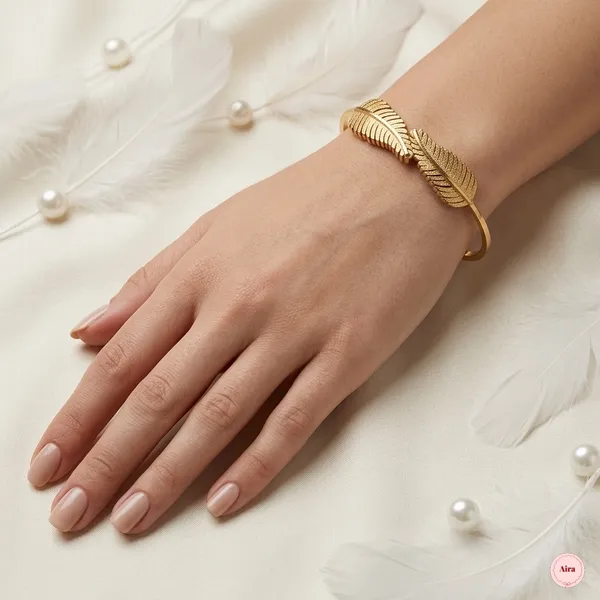 Gold_Tone_Feather_Design_Adjustable_Cuff_Bracelet_For_Women