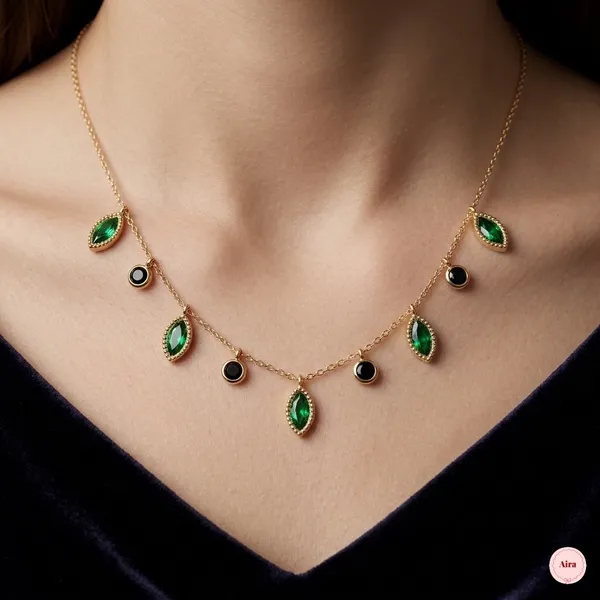 Green_And_Black_Beaded_Charm_Gold_Chain_Necklace