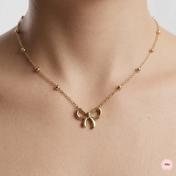 Gold_Tone_Bow_Pendant_Delicate_Chain_Necklace_For_Women