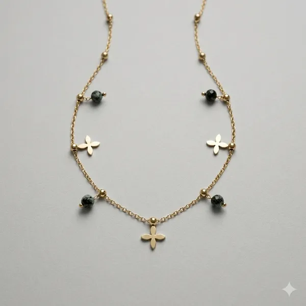Gold_Tone_Floral_Charm_Necklace_With_Dark_Bead_Accents