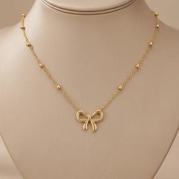 Gold_Tone_Bow_Pendant_Delicate_Chain_Necklace_For_Women