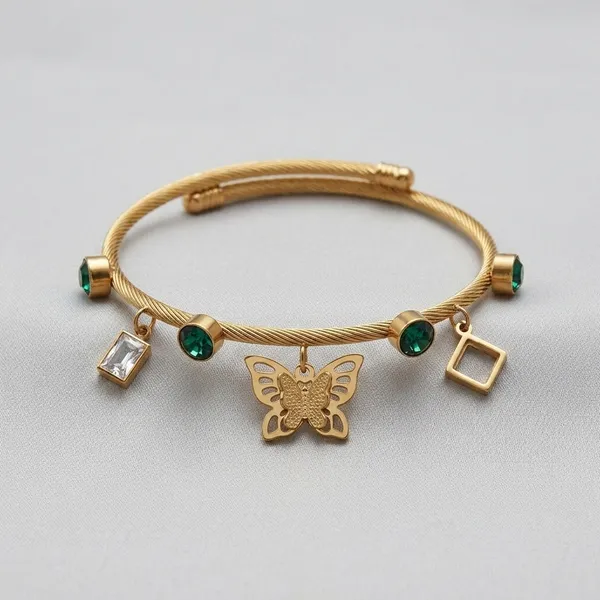 Gold_Tone_Butterfly_Charm_Bracelet_With_Green_Stones