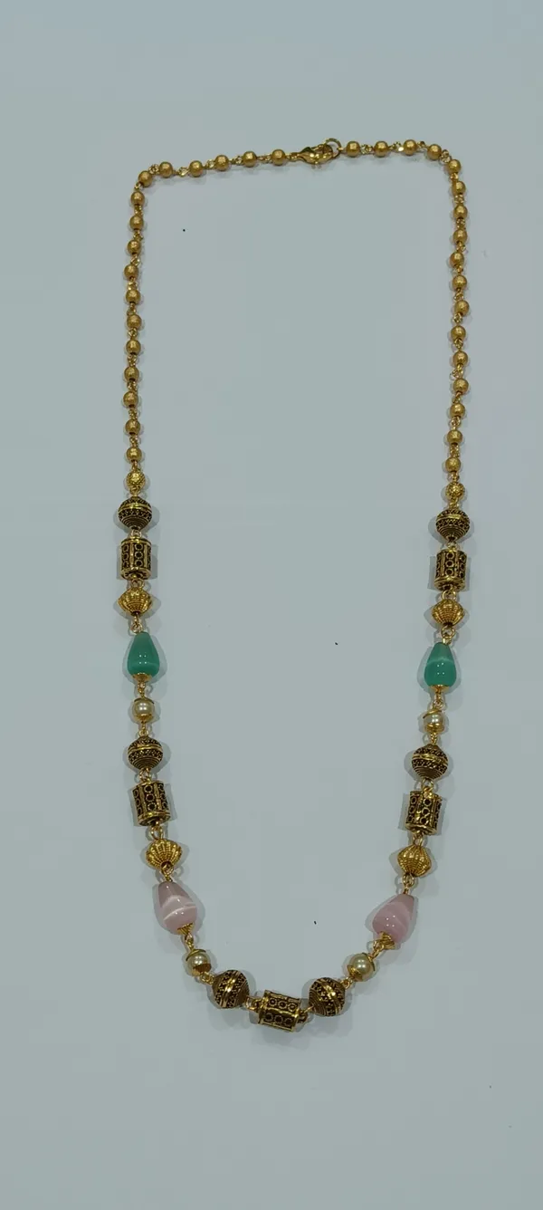 Gold_Tone_Beaded_Necklace_With_Turquoise_And_Pink_Stone_Accents