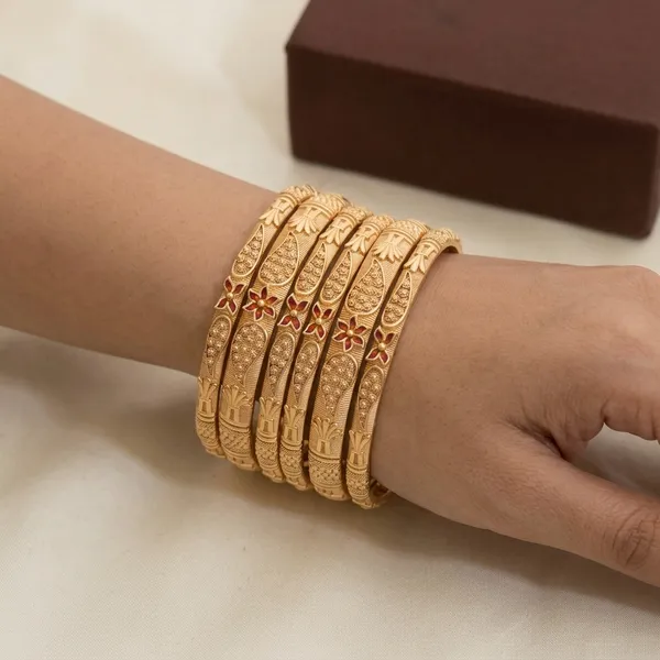 Gold_Textured_Floral_Enamel_Bangle_Set_For_Women