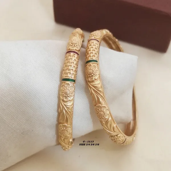 Floral_Engraved_Bangles_With_Green_Enamel_Accents