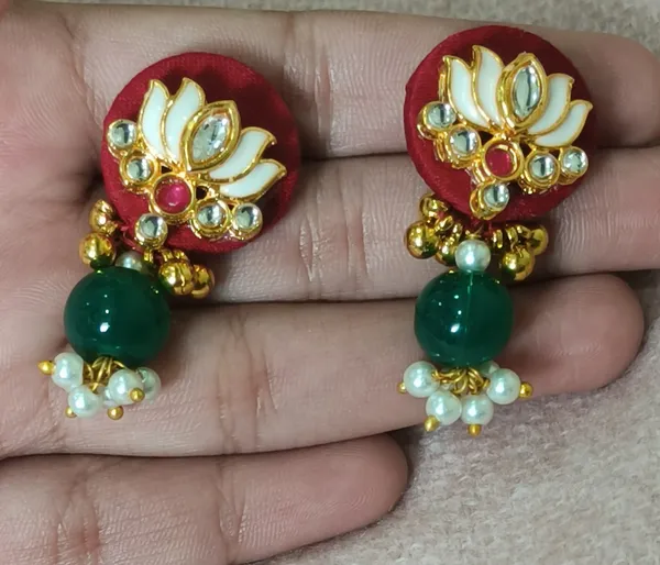 Handcrafted_Lotus_Kundan_Fabric_Earrings_|_Maroon_&_Green_Pearl_Drop_Earrings_|_Lightweight_Ethnic_Jewellery_for_Women