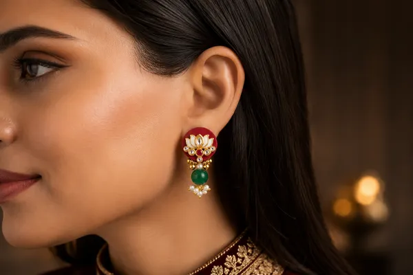 Handcrafted_Lotus_Kundan_Fabric_Earrings_|_Maroon_&_Green_Pearl_Drop_Earrings_|_Lightweight_Ethnic_Jewellery_for_Women