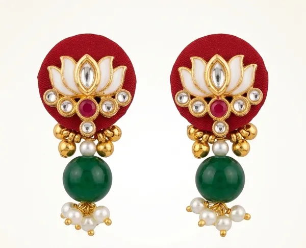 Handcrafted_Lotus_Kundan_Fabric_Earrings_|_Maroon_&_Green_Pearl_Drop_Earrings_|_Lightweight_Ethnic_Jewellery_for_Women