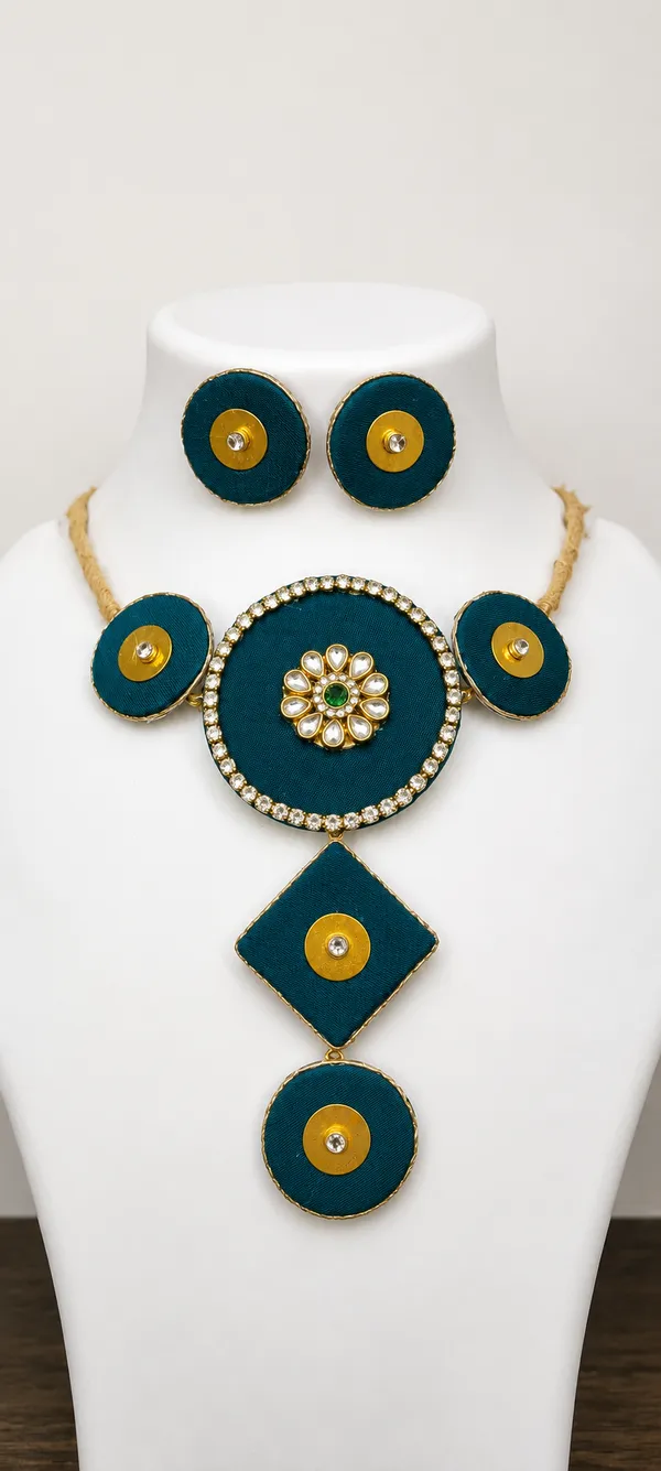 Handcrafted_Teal_Fabric_Choker_Necklace_Set_with_Earrings_|_Traditional_Statement_Jewelry_for_Women