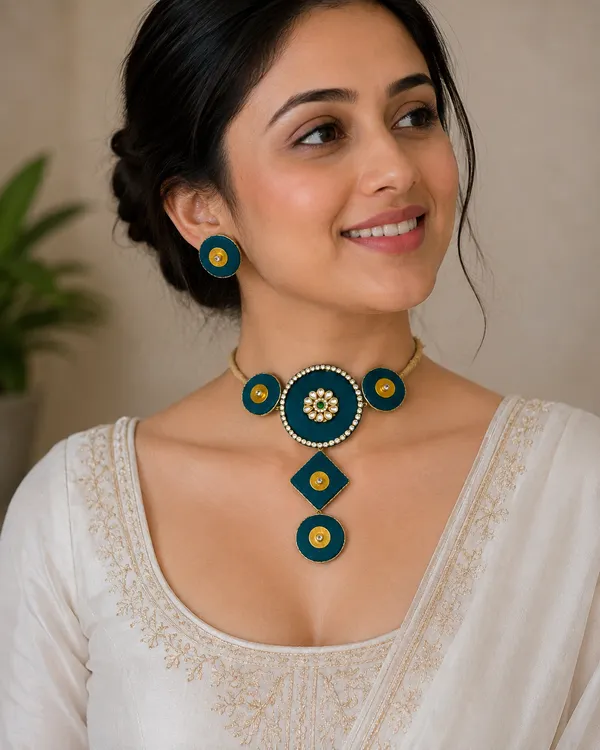 Handcrafted_Teal_Fabric_Choker_Necklace_Set_with_Earrings_|_Traditional_Statement_Jewelry_for_Women