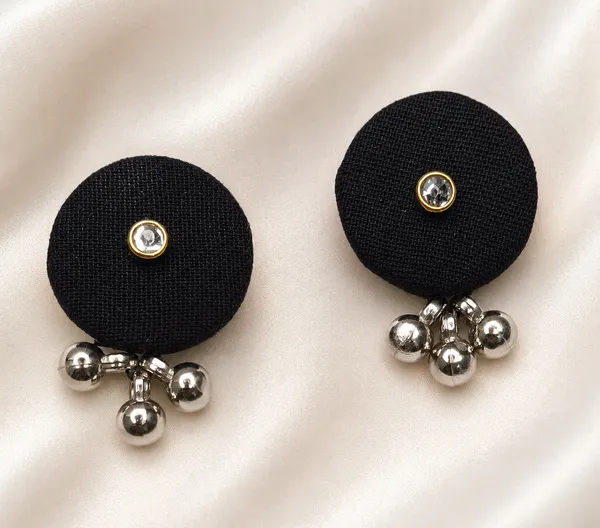 Handmade_Black_Fabric_Stud_Earrings_with_Silver_Bead_Drops_|_Lightweight_Ethnic_&_Western_Earrings_for_Women