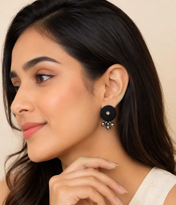Handmade_Black_Fabric_Stud_Earrings_with_Silver_Bead_Drops_|_Lightweight_Ethnic_&_Western_Earrings_for_Women