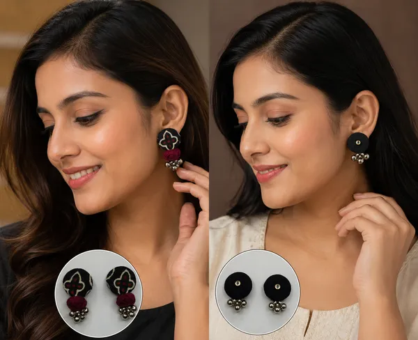 Handmade_Fabric_Earrings_Combo_Set_of_2_Pairs_|_Black_Ethnic_&_Minimal_Stud_Earrings_|_Lightweight_Women's_Fashion_Jewelry