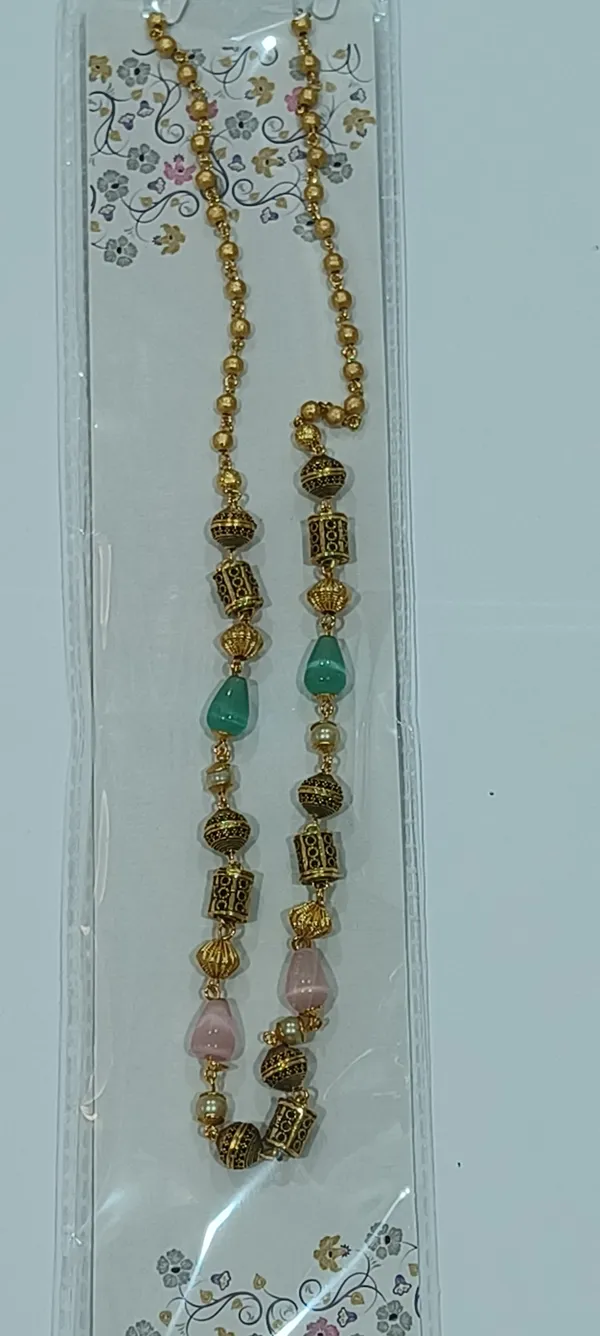 Gold_Tone_Beaded_Necklace_With_Turquoise_And_Pink_Stone_Accents