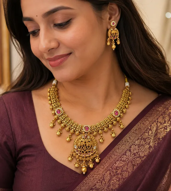 Premium_Antique_Gold-Tone_Temple_Jewellery_Set_with_Statement_Pendant_&_Matching_Earrings_|_Traditional_Bridal_Necklace_Set_for_Women
