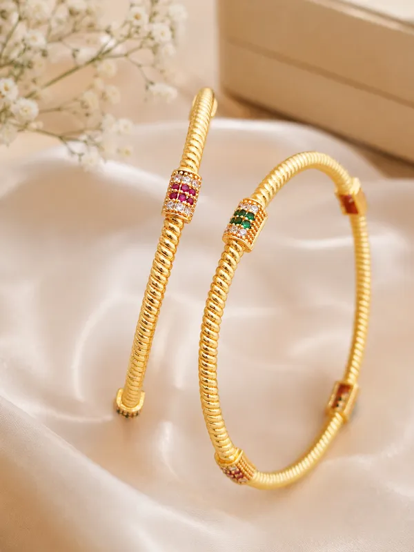 Premium_Gold-Plated_Designer_Spiral_Bangles_with_Ruby,_Emerald_&_CZ_Stone_Accents_|_Traditional_&_Party_Wear_|_Set_of_2