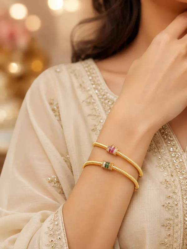 Premium_Gold-Plated_Designer_Spiral_Bangles_with_Ruby,_Emerald_&_CZ_Stone_Accents_|_Traditional_&_Party_Wear_|_Set_of_2