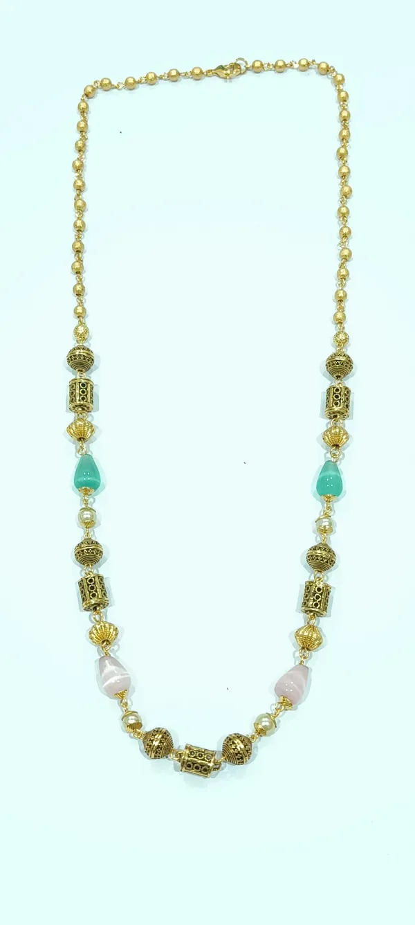 Gold_Tone_Beaded_Necklace_With_Turquoise_And_Pink_Stone_Accents