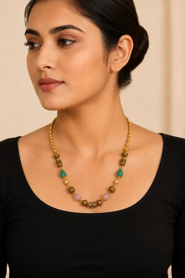 Gold_Tone_Beaded_Necklace_With_Turquoise_And_Pink_Stone_Accents