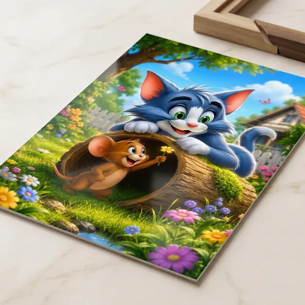 Multicolor_Glossy_Paper_Laminated_Cat_And_Mouse_Garden_Scene_Illustrated_Poster