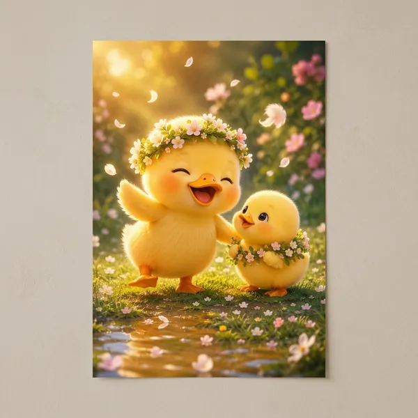 Multicolor_Glossy_Paper_Laminated_Plush_Duckling_Floral_Crown_Wall_Art_Poster