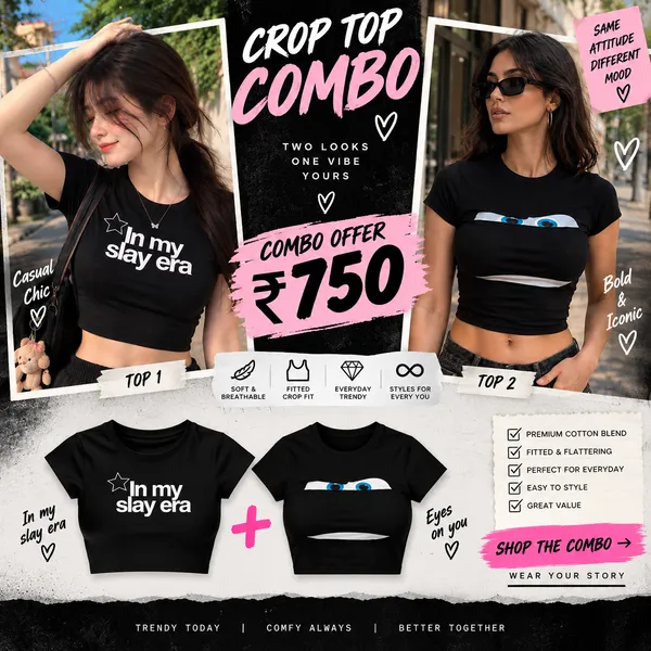 In_My_Slay_Era+Playful_Eyes_Black_Crop_Top_Combo_For_Women