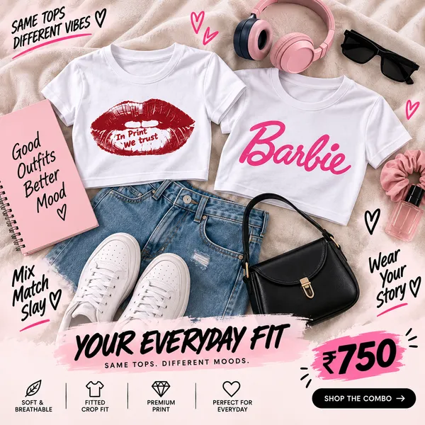 Inprint_We_Trust+Barbie_White_Crop_Top_Combo_For_Women