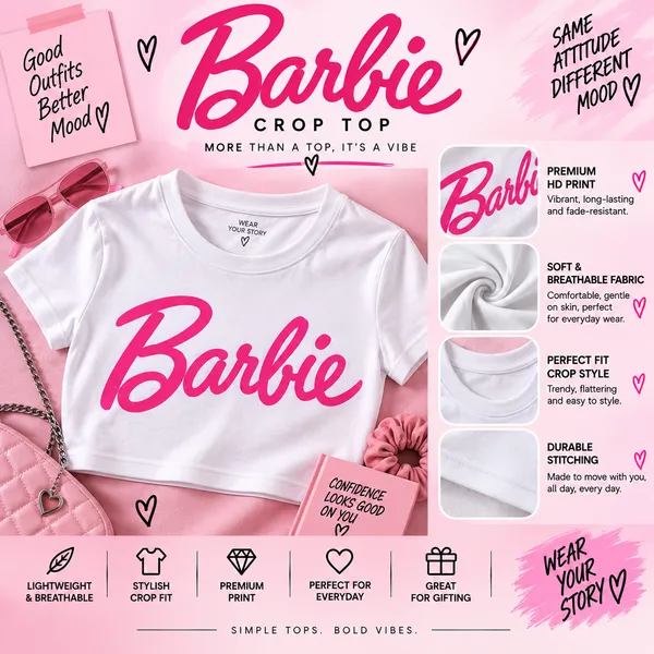 Inprint_We_Trust+Barbie_White_Crop_Top_Combo_For_Women