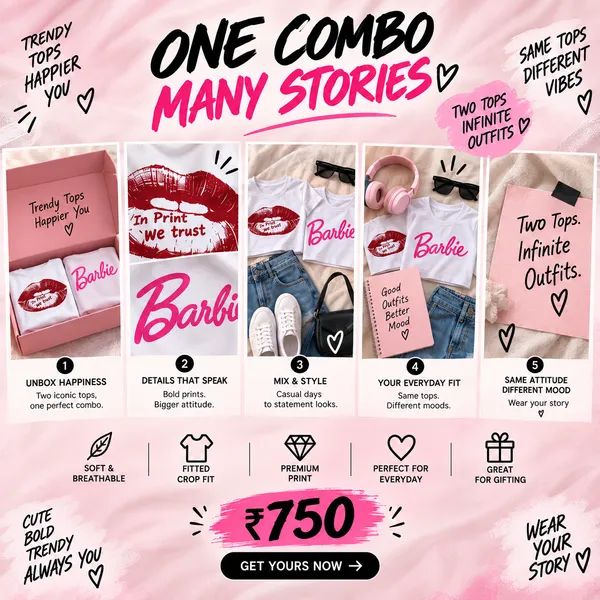 Inprint_We_Trust+Barbie_White_Crop_Top_Combo_For_Women