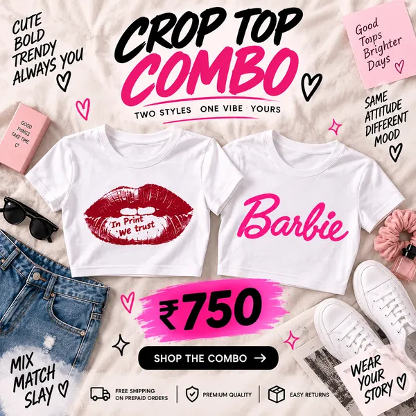 Inprint_We_Trust+Barbie_White_Crop_Top_Combo_For_Women