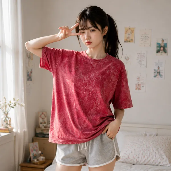 Red_Relaxed_Plain_Acid_Wash_Tshirt_For_Women