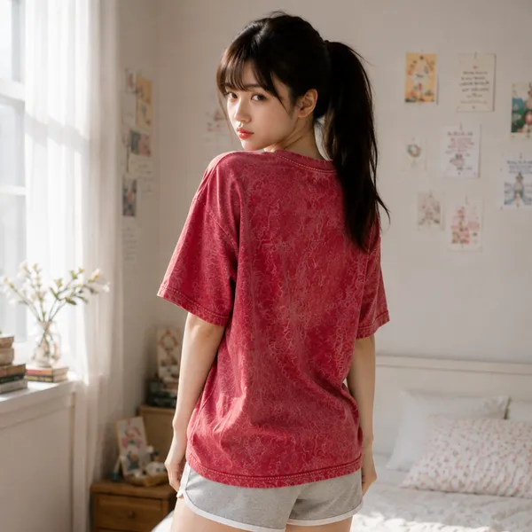 Red_Relaxed_Plain_Acid_Wash_Tshirt_For_Women