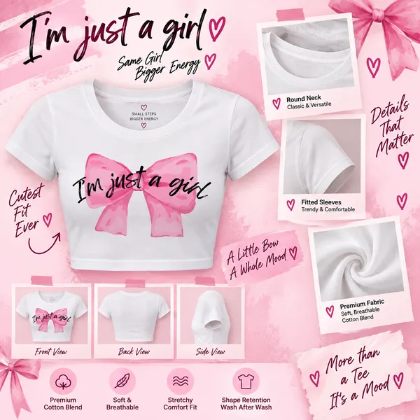 White_Cotton_Lycra_Bow_I'm_Just_a_Girl__Graphic_Print_Crop_Top_For_Women