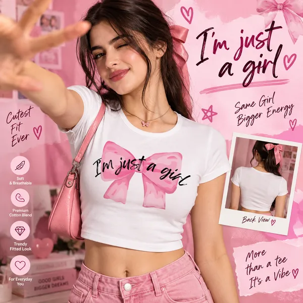 White_Cotton_Lycra_Bow_I'm_Just_a_Girl__Graphic_Print_Crop_Top_For_Women